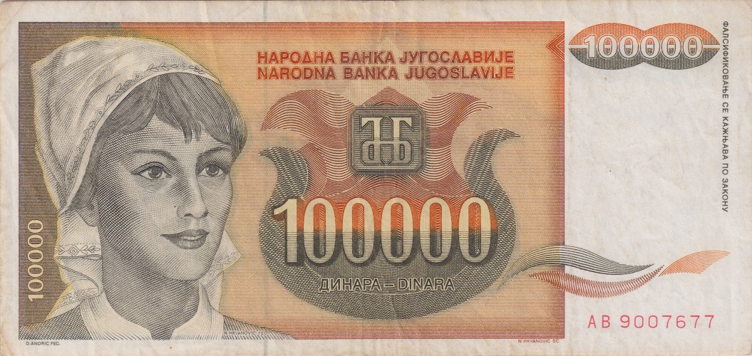 100000 dinara - Yougoslavie