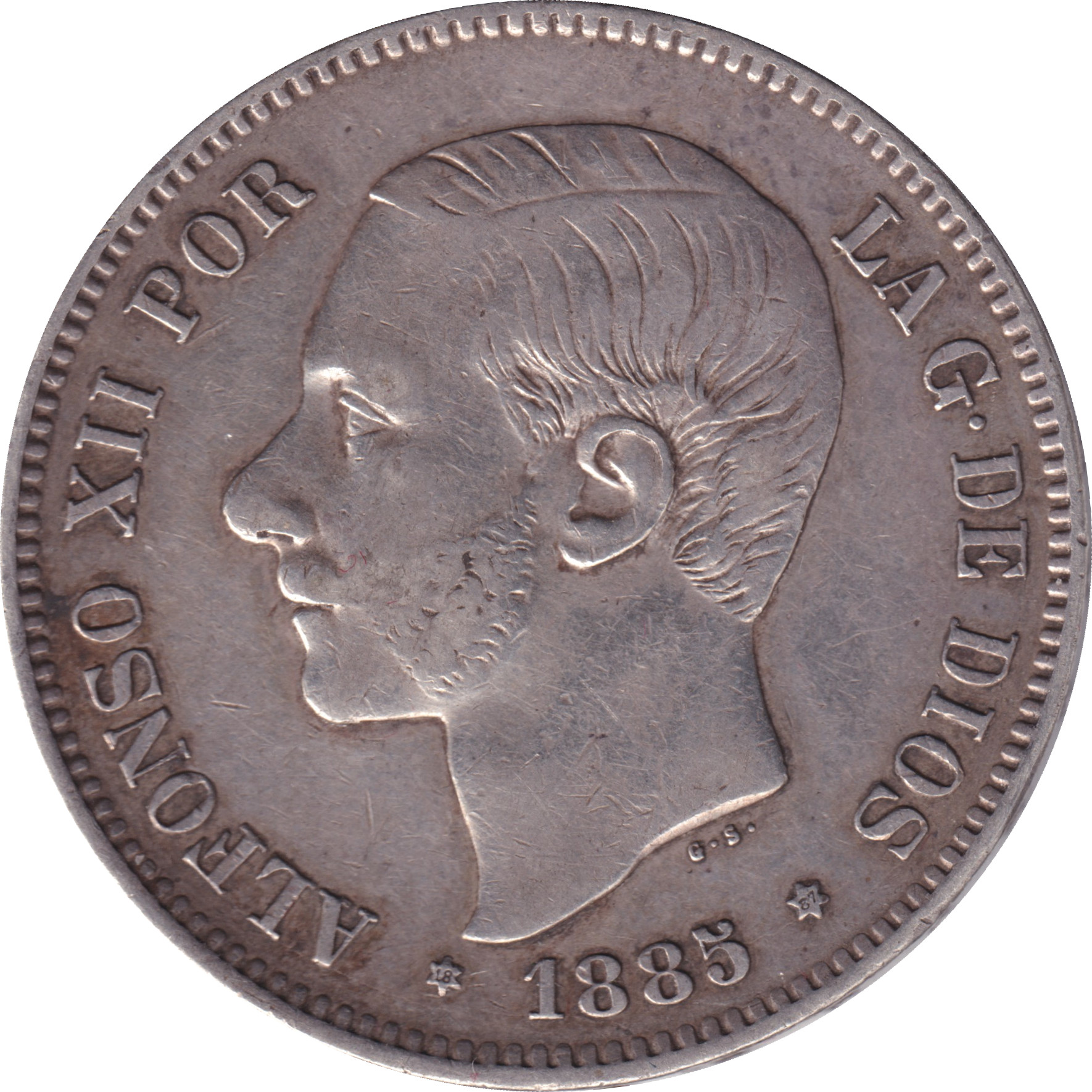 5 pesetas silver - Alphonse XII - Mature head