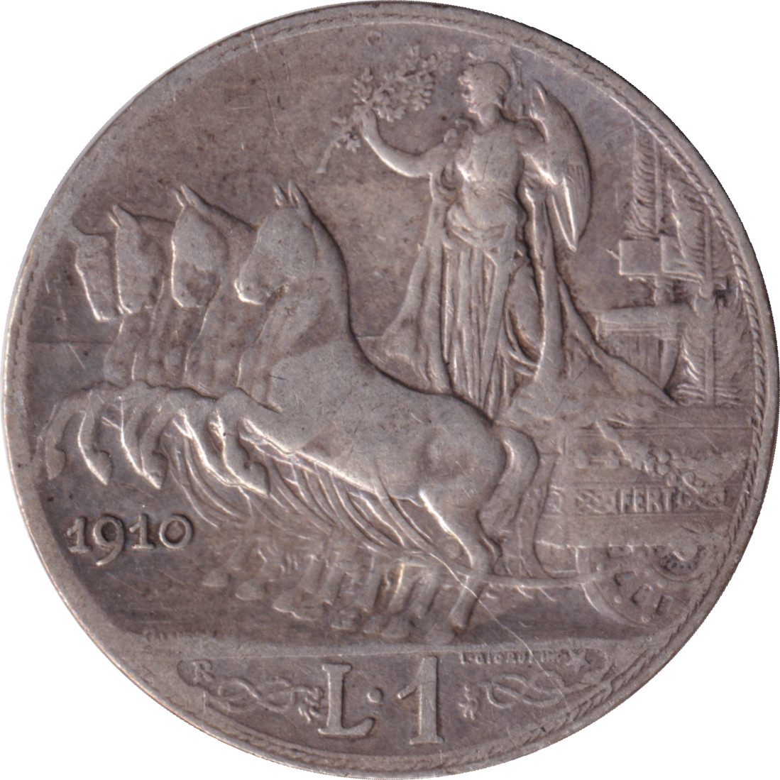 1 lira silver - Victor Emmanuel III - Quadrige - Buste