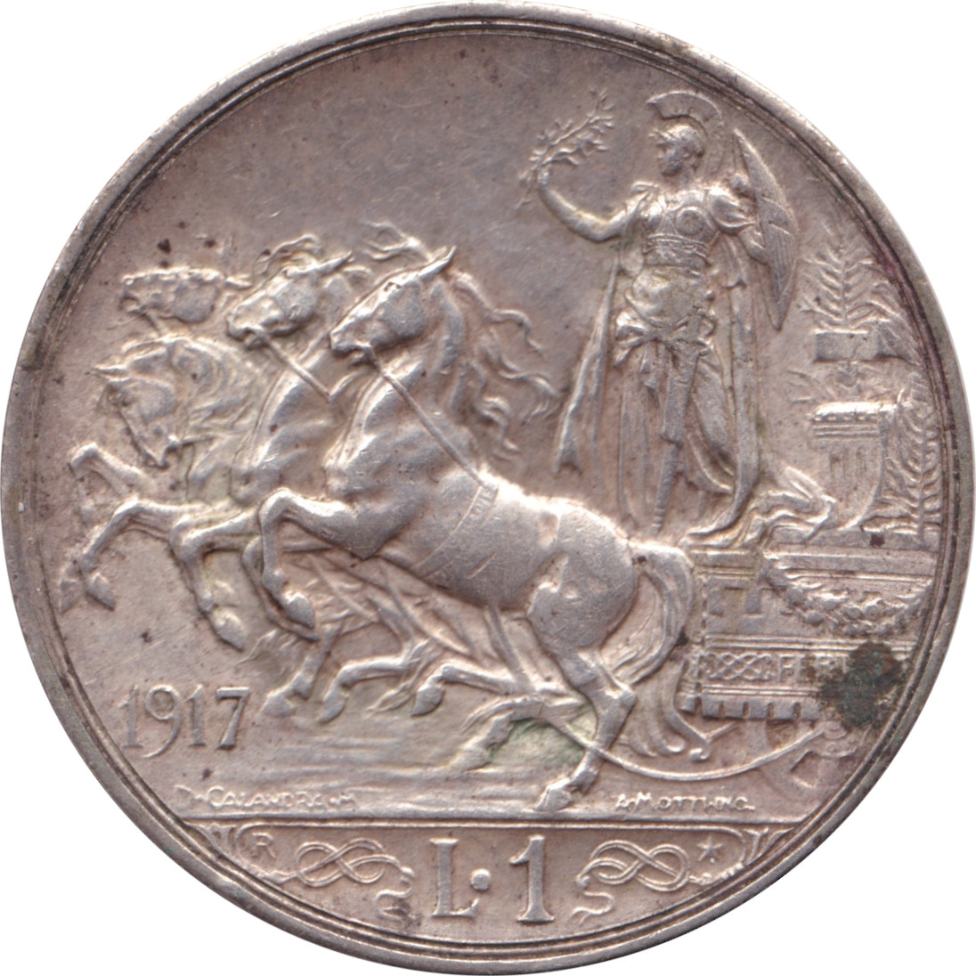 1 lira silver - Victor Emmanuel III - Quadrige - Tête