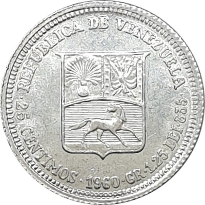 25 centimos argent - Simon Bolivar - Blason moyen - Type 1