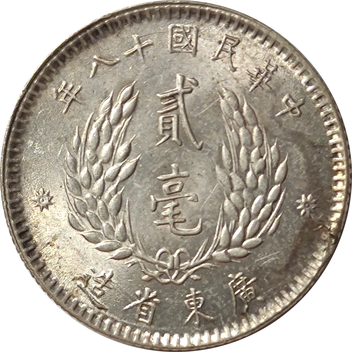 20 cents silver - Sun Yat-Sen - Revers avec branches