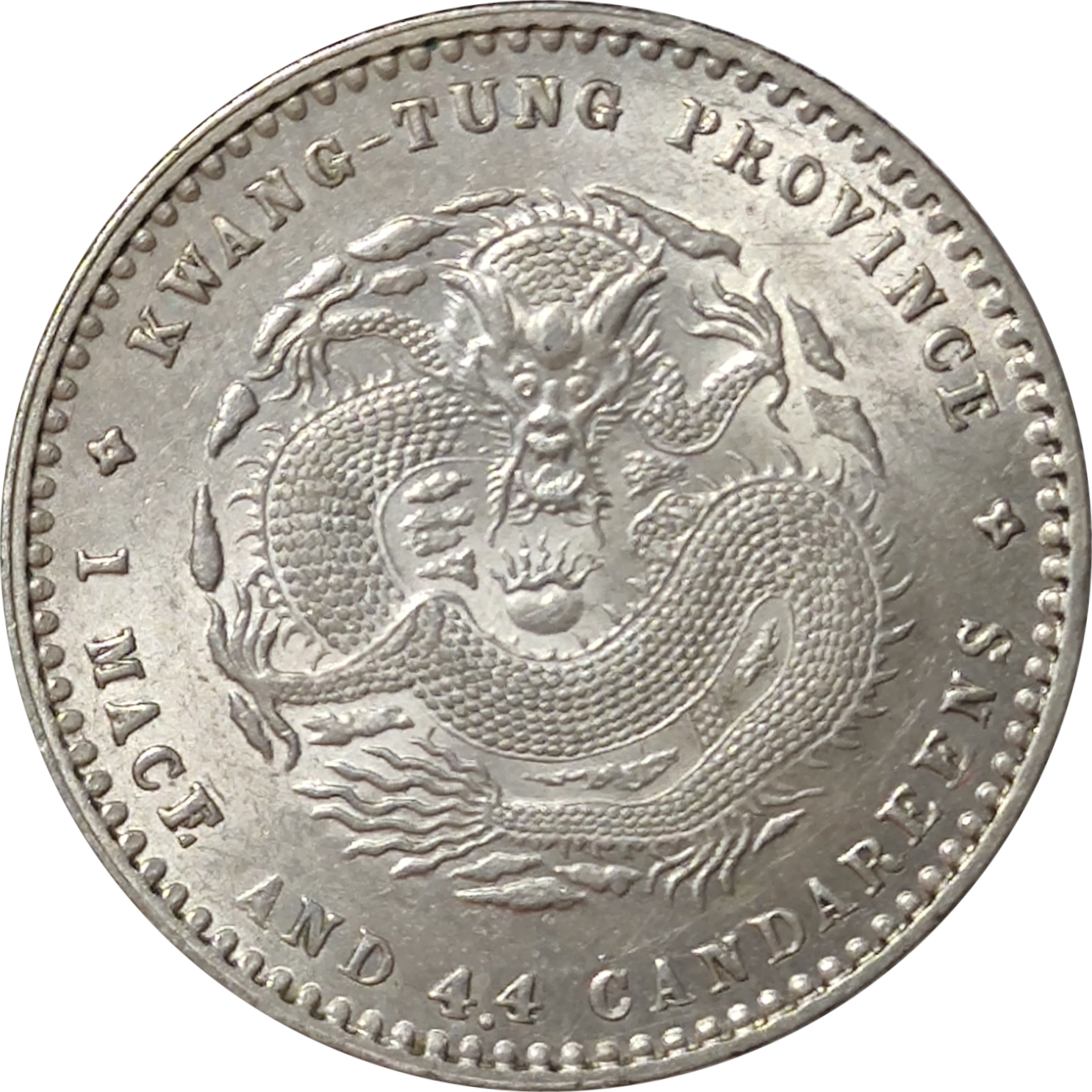 20 cents silver - Dragon de face - KWANG-TUNG - Guangxu - 1 mace 4.4 à l'avers